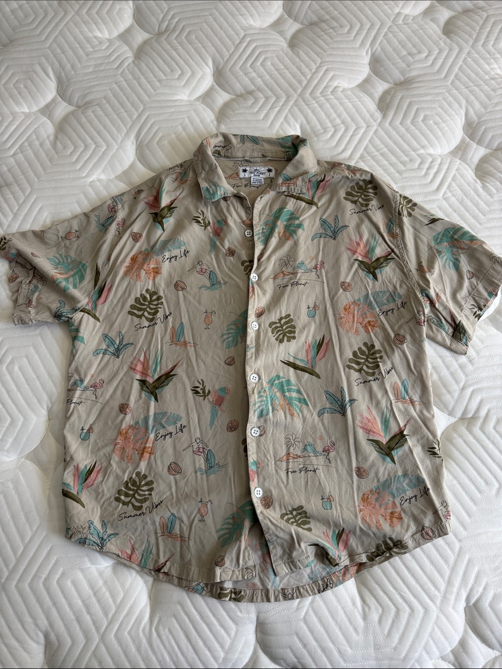 Free Planet Beige Tropical Print Button-Front Shirt